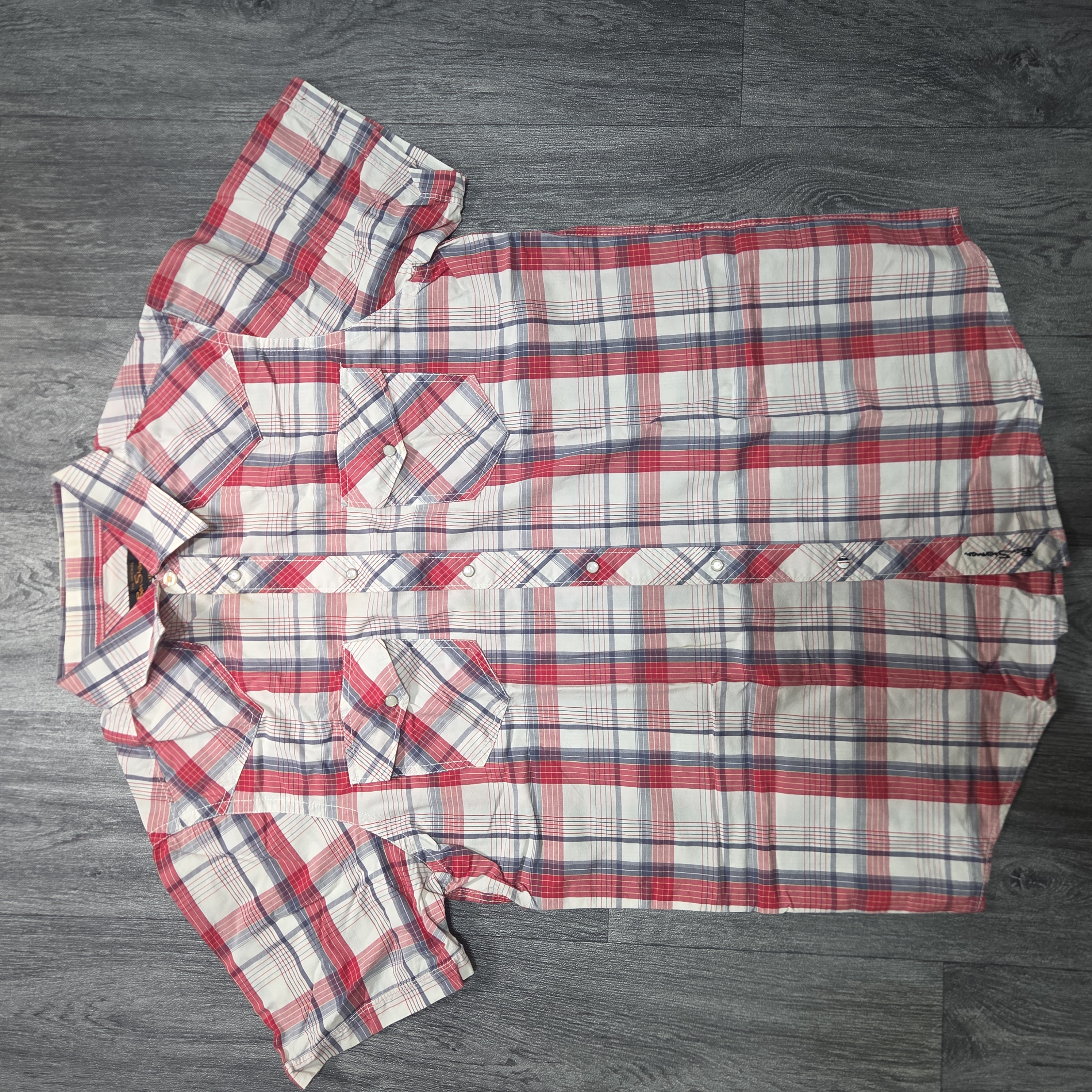 Ben Sherman Men's Short-Sleeve Checked Shirt – Red, White & Blue – L — size L — used condition