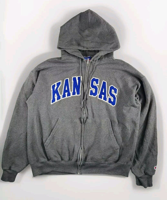 Champion Mens Hoodie Kansas Large Grey Full Zip Embroidered Logo Vintage Used