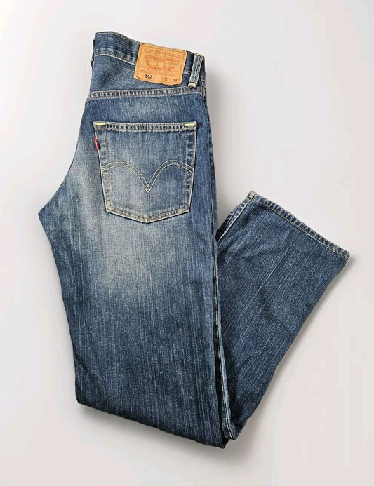 Levis Mens Jeans 502 Regular Straigh Fit Denim W30 L34 Blue Distressed Zip Fly