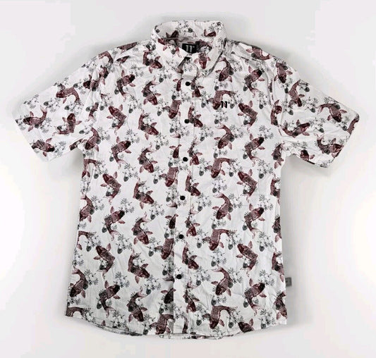 11 Degrees Shirt Mens Large White Fish Print Red Carp Button Up Short Sleeve Use