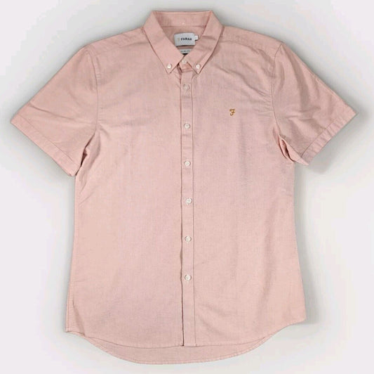 Farah Mens Shirt Slim Fit Large Pink Short Sleeve Cotton Solid Modern Casual