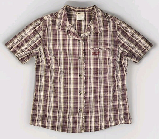 Jack Wolfskin Mens Shirt Large Purple Plaid Short Sleeve Pocket Logo Design Used